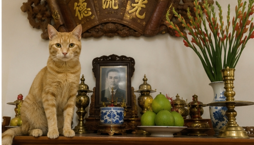 Mèo ăn đồ cúng trên bàn thờ